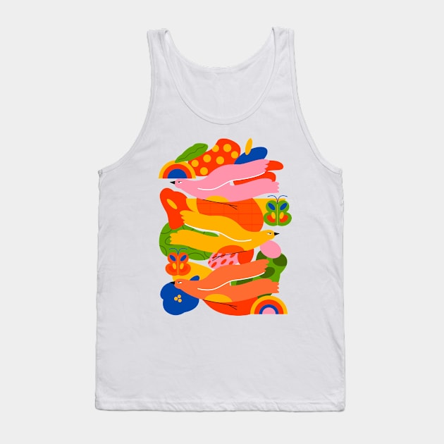 Birds Butterflies Colorful Hand Drawn Tank Top by Mako Design 